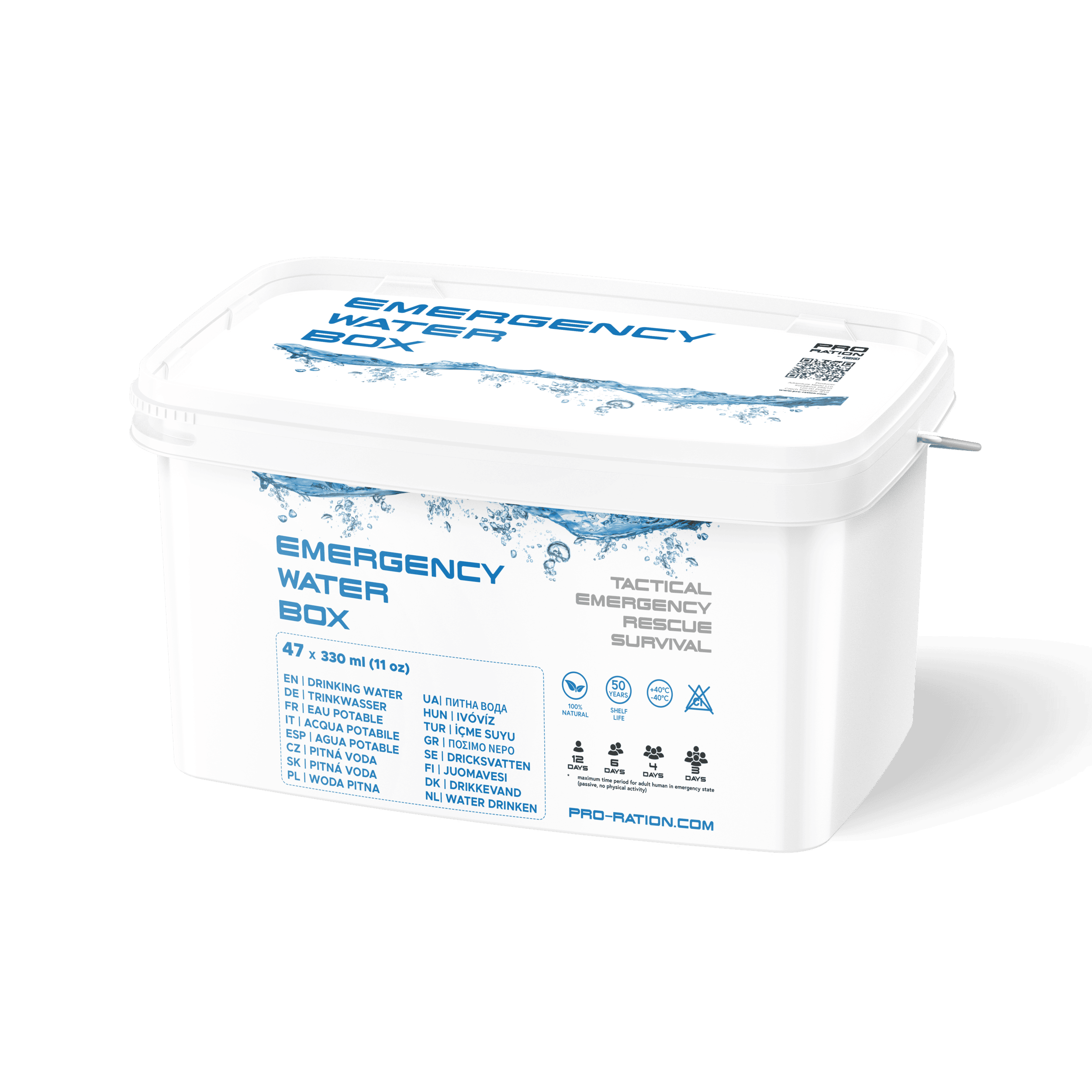 Pro Ration - Emergency Water Box, 47 dåser, 50 års holdbarhed - Billede nr. 1 - ReadyBox.dk